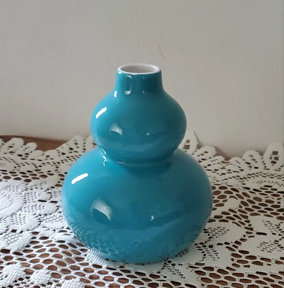 Crate & Barrel Vase ‘Yoko’ Double Gourd Turquoise Teal Blue Ceramic MCM 6”H